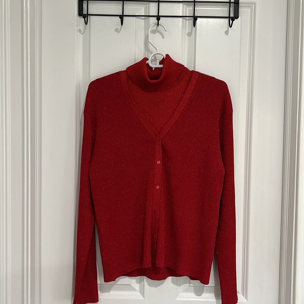 Red sparkle J. McLaughlin sleeveless turtleneck sweater and cardigan.